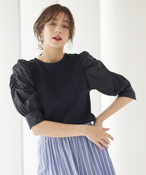 OBLI パワーショルダー半袖カットソー ブラック リブ Tシャツ トップス