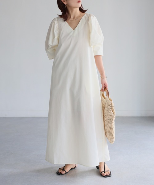 セール】Vネックパフスリーブワンピース【無地/ストライプ