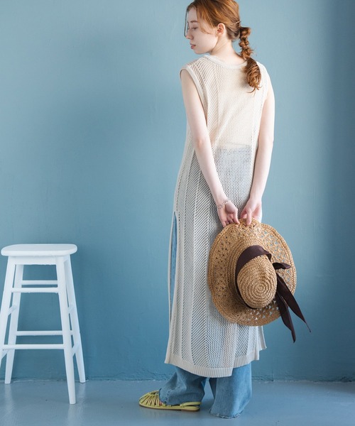 Crisp（クリスプ）の「メッシュロングニットワンピース（ワンピース・レディース・カーキ/アイボリー・FREE）」の4枚目の写真