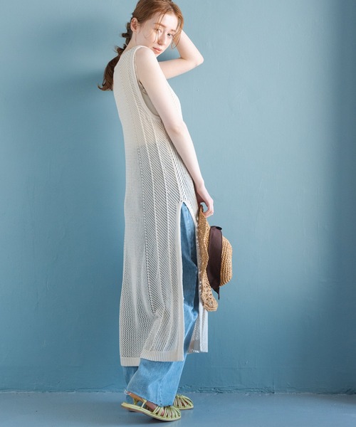 Crisp（クリスプ）の「メッシュロングニットワンピース（ワンピース・レディース・カーキ/アイボリー・FREE）」の5枚目の写真