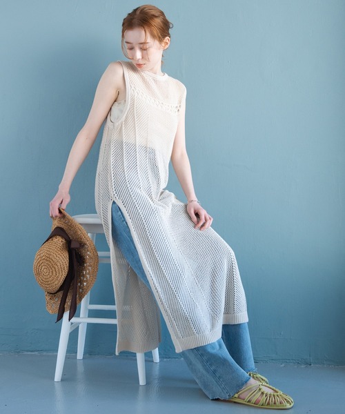 Crisp（クリスプ）の「メッシュロングニットワンピース（ワンピース・レディース・カーキ/アイボリー・FREE）」の6枚目の写真