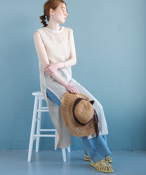 Crisp（クリスプ）の「メッシュロングニットワンピース（ワンピース・レディース・カーキ/アイボリー・FREE）」の7枚目の写真