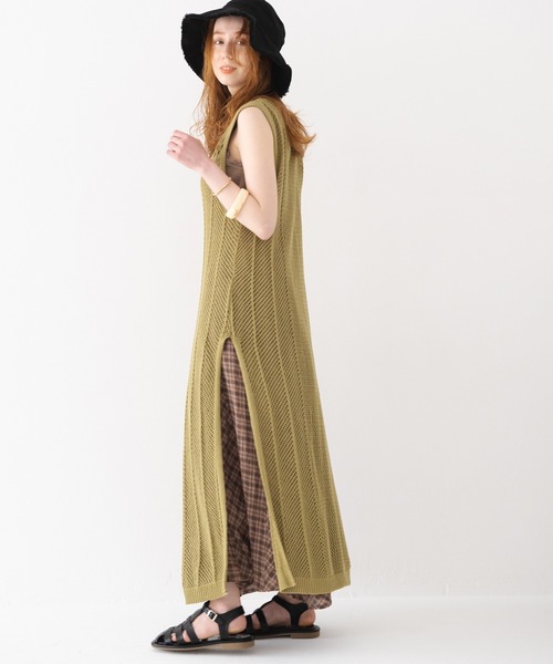 Crisp（クリスプ）の「メッシュロングニットワンピース（ワンピース・レディース・カーキ/アイボリー・FREE）」の10枚目の写真