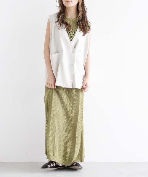 Crisp（クリスプ）の「メッシュロングニットワンピース（ワンピース・レディース・カーキ/アイボリー・FREE）」の15枚目の写真