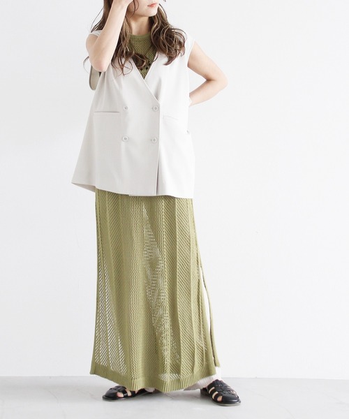 Crisp（クリスプ）の「メッシュロングニットワンピース（ワンピース・レディース・カーキ/アイボリー・FREE）」の16枚目の写真