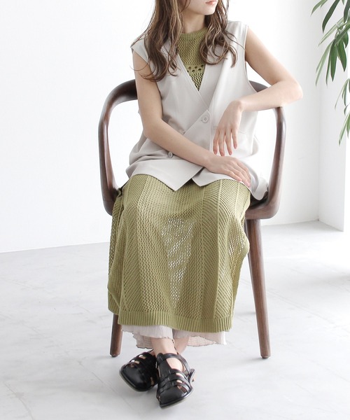 Crisp（クリスプ）の「メッシュロングニットワンピース（ワンピース・レディース・カーキ/アイボリー・FREE）」の19枚目の写真