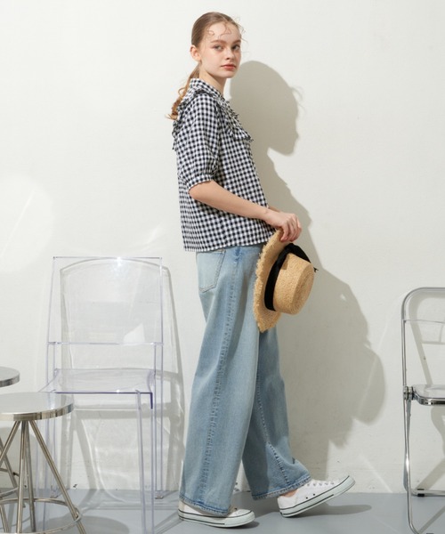 MERLOT(メルロー)の「ギンガムフリル半袖ブラウス(シャツ/ブラウス・レディース・ブラック/レッド/ブルー・FREE)」の13枚目の写真