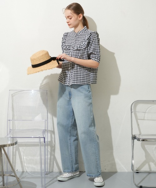 MERLOT(メルロー)の「ギンガムフリル半袖ブラウス(シャツ/ブラウス・レディース・ブラック/レッド/ブルー・FREE)」の12枚目の写真