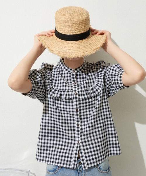 MERLOT(メルロー)の「ギンガムフリル半袖ブラウス(シャツ/ブラウス・レディース・ブラック/レッド/ブルー・FREE)」の5枚目の写真