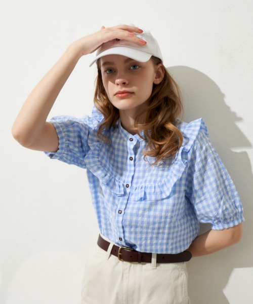 MERLOT(メルロー)の「ギンガムフリル半袖ブラウス(シャツ/ブラウス・レディース・ブラック/レッド/ブルー・FREE)」の15枚目の写真