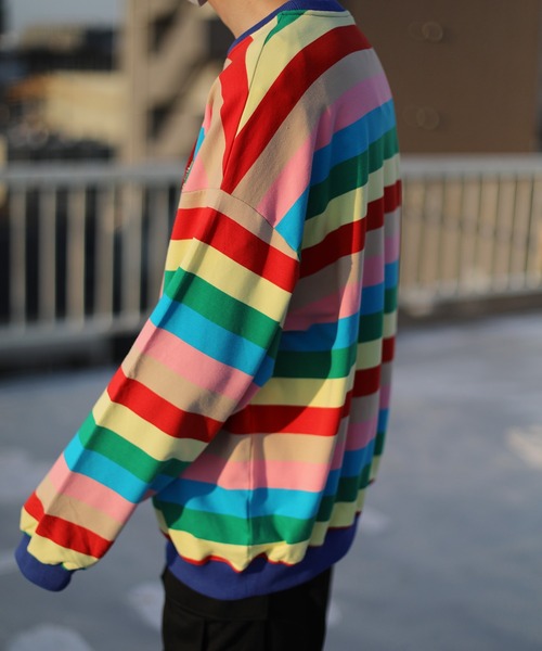 HOOK(フック)の「HOOK -original- 溶けるハート刺繍レインボーボーダーリンガースウェット(スウェット・メンズ・ネイビー/グリーン/ブルー/ライトブルー/ピンク/ライトグリーン/カラフル/ベージュ・M/L/XL)」の19枚目の写真