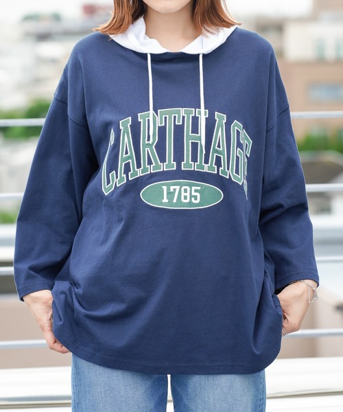 NAVY(ネイビー)の「カレッジロゴワッペンフェイクレイヤードパーカー(パーカー・メンズ・ホワイト/グリーン/ネイビー/イエロー・L/M/XL)」の9枚目の写真