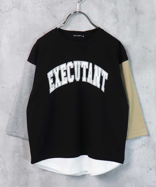 THE CASUAL(カジュアル)の「ビッグシルエット裾フェイク長袖Tシャツ(Tシャツ/カットソー・キッズ・ブラック/ダークグリーン/ベージュ/ネイビー/杢グレー/チャコール/ブラック系/グレー系/グレー系1/ベージュ系/ダークグリーン系/ネイビー系・110cm/120cm/130cm/140cm/150cm/160cm)」の3枚目の写真
