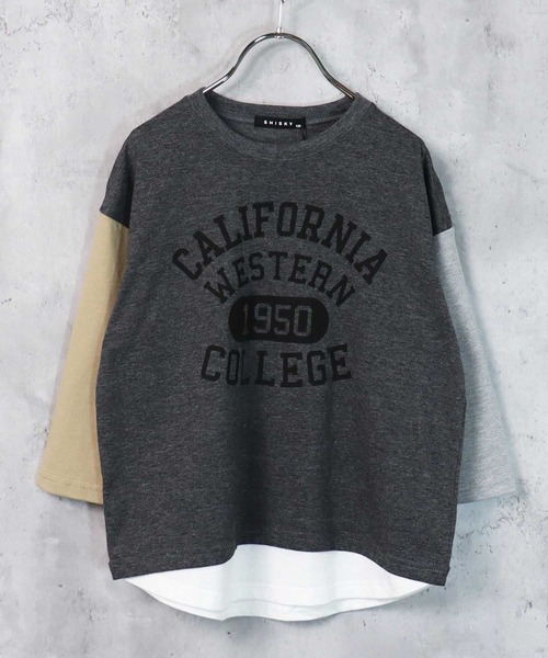 THE CASUAL(カジュアル)の「ビッグシルエット裾フェイク長袖Tシャツ(Tシャツ/カットソー・キッズ・ブラック/ダークグリーン/ベージュ/ネイビー/杢グレー/チャコール/ブラック系/グレー系/グレー系1/ベージュ系/ダークグリーン系/ネイビー系・110cm/120cm/130cm/140cm/150cm/160cm)」の7枚目の写真
