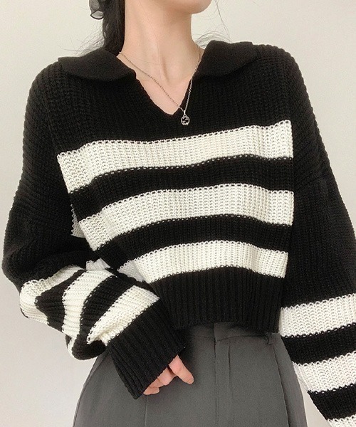 BEIDELLI（ベイデリー）の「[BELLIDE MADE] ビッグストライプオープンカラーニット（ニット/セーター・レディース・ブラック/ブルー/アイボリー・FREE）」の3枚目の写真