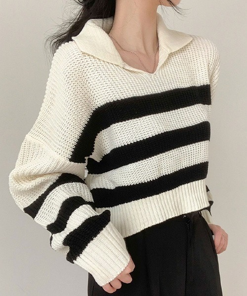 BEIDELLI（ベイデリー）の「[BELLIDE MADE] ビッグストライプオープンカラーニット（ニット/セーター・レディース・ブラック/ブルー/アイボリー・FREE）」の14枚目の写真