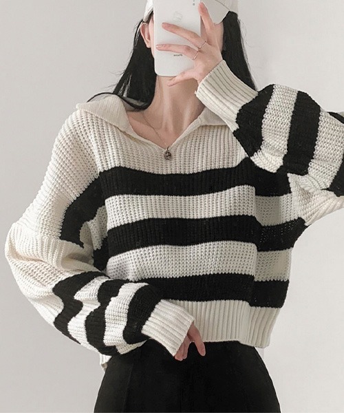 BEIDELLI（ベイデリー）の「[BELLIDE MADE] ビッグストライプオープンカラーニット（ニット/セーター・レディース・ブラック/ブルー/アイボリー・FREE）」の10枚目の写真