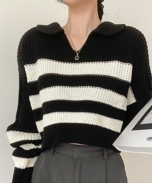 BEIDELLI（ベイデリー）の「[BELLIDE MADE] ビッグストライプオープンカラーニット（ニット/セーター・レディース・ブラック/ブルー/アイボリー・FREE）」の8枚目の写真