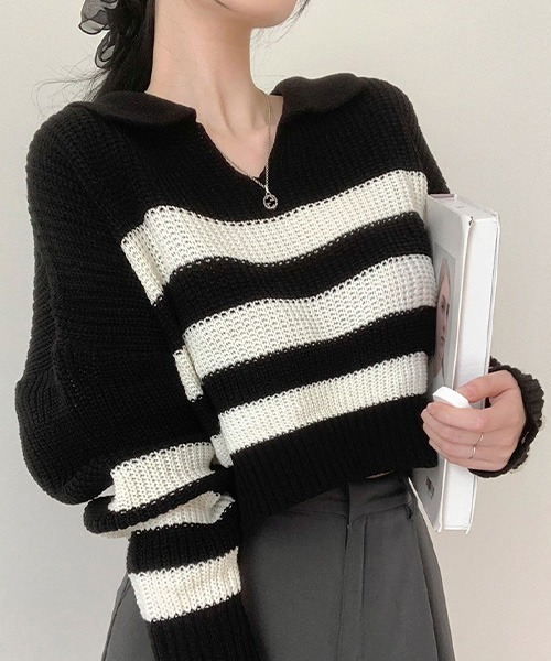 BEIDELLI（ベイデリー）の「[BELLIDE MADE] ビッグストライプオープンカラーニット（ニット/セーター・レディース・ブラック/ブルー/アイボリー・FREE）」の6枚目の写真