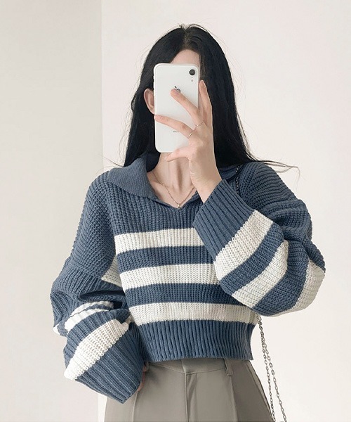 BEIDELLI（ベイデリー）の「[BELLIDE MADE] ビッグストライプオープンカラーニット（ニット/セーター・レディース・ブラック/ブルー/アイボリー・FREE）」の4枚目の写真
