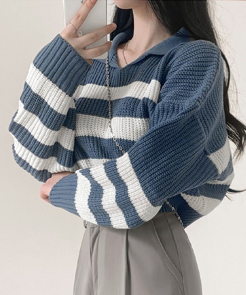 BEIDELLI（ベイデリー）の「[BELLIDE MADE] ビッグストライプオープンカラーニット（ニット/セーター・レディース・ブラック/ブルー/アイボリー・FREE）」の18枚目の写真