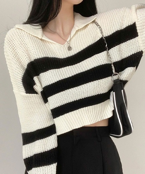 BEIDELLI（ベイデリー）の「[BELLIDE MADE] ビッグストライプオープンカラーニット（ニット/セーター・レディース・ブラック/ブルー/アイボリー・FREE）」の16枚目の写真