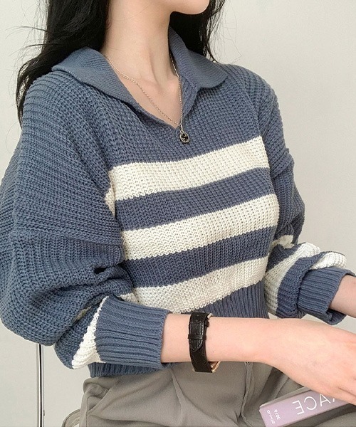 BEIDELLI（ベイデリー）の「[BELLIDE MADE] ビッグストライプオープンカラーニット（ニット/セーター・レディース・ブラック/ブルー/アイボリー・FREE）」の11枚目の写真