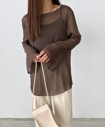 callautia（カラウティア）の「シアーボートネックフレアスリーブトップス（Tシャツ/カットソー）」