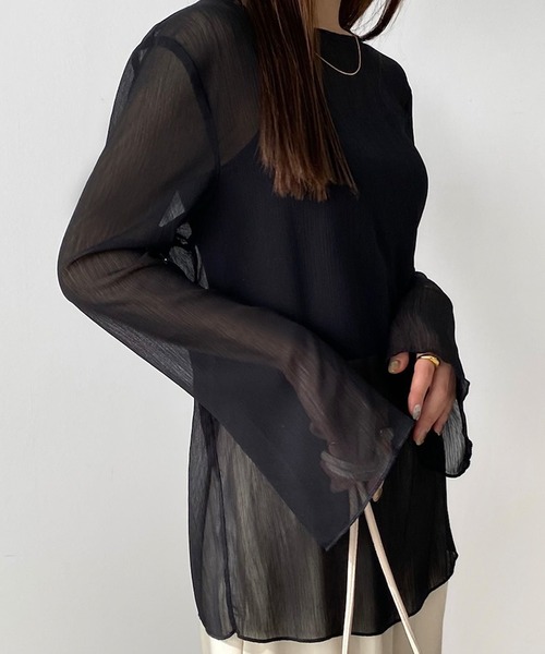 シアーボートネックフレアスリーブトップス（Tシャツ/カットソー