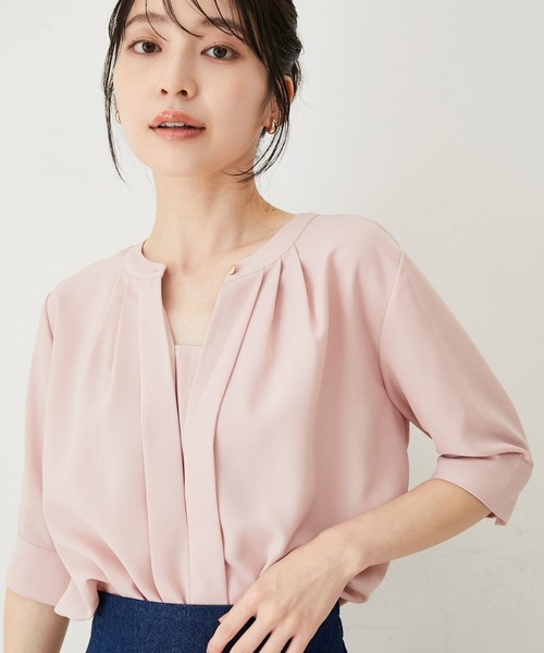 セール】【洗える・防シワ】【新色】2WAYフロントタック5分袖ブラウス