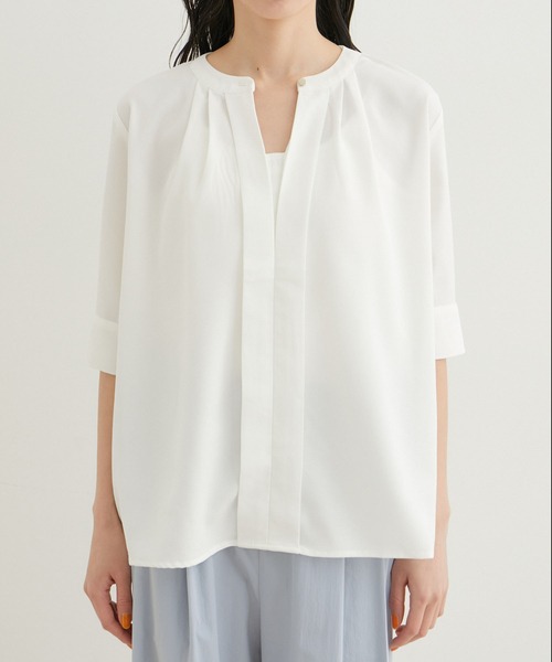 セール】【洗える・防シワ】【新色】2WAYフロントタック5分袖ブラウス