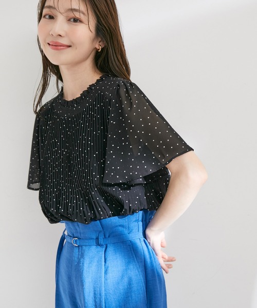 【洗える】フレアーシフォンプリーツ半袖ブラウス