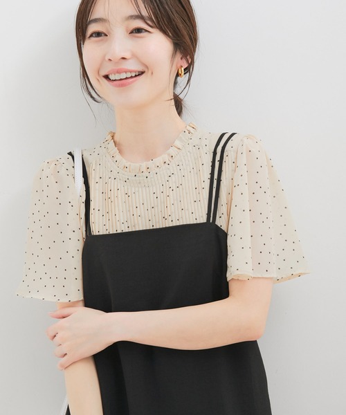 【洗える】フレアーシフォンプリーツ半袖ブラウス