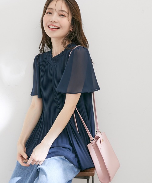 【洗える】フレアーシフォンプリーツ半袖ブラウス