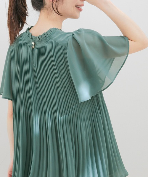 【洗える】フレアーシフォンプリーツ半袖ブラウス