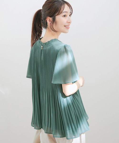【洗える】フレアーシフォンプリーツ半袖ブラウス