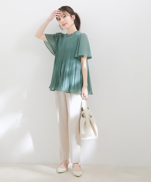 【洗える】フレアーシフォンプリーツ半袖ブラウス