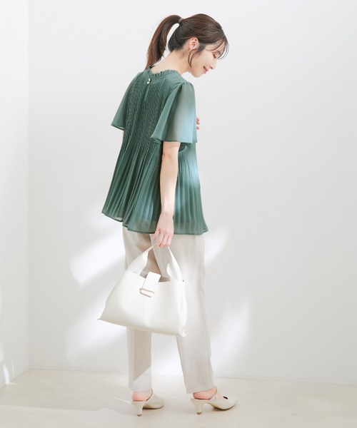 【洗える】フレアーシフォンプリーツ半袖ブラウス