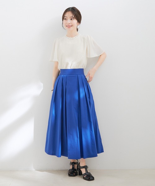 【洗える】フレアーシフォンプリーツ半袖ブラウス