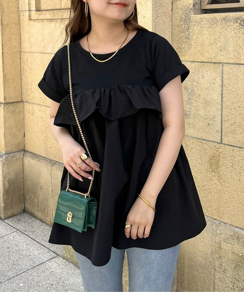 prose verse（プロズヴェール）の「フリルギャザーペプラムTシャツ（Tシャツ/カットソー・レディース・ブラック/オフホワイト・MEDIUM）」の2枚目の写真