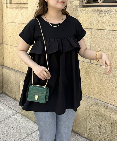 prose verse（プロズヴェール）の「フリルギャザーペプラムTシャツ（Tシャツ/カットソー・レディース・ブラック/オフホワイト・MEDIUM）」の4枚目の写真