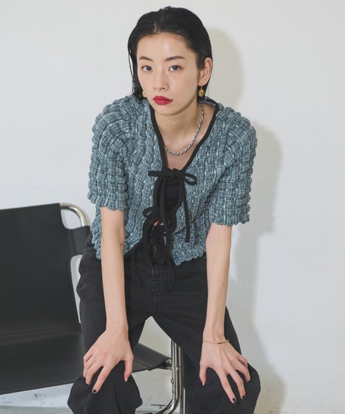 Solace（ソレイス）の「マルチWAYポップコーンミニトップス（Tシャツ/カットソー・レディース・ミント/ネイビー・FREE）」の4枚目の写真