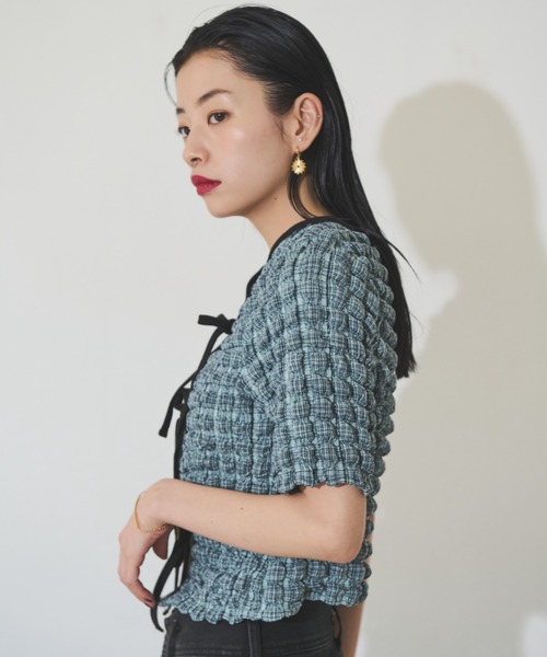 Solace（ソレイス）の「マルチWAYポップコーンミニトップス（Tシャツ/カットソー・レディース・ミント/ネイビー・FREE）」の5枚目の写真