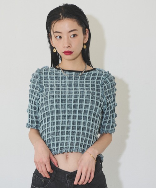 Solace（ソレイス）の「マルチWAYポップコーンミニトップス（Tシャツ/カットソー・レディース・ミント/ネイビー・FREE）」の8枚目の写真