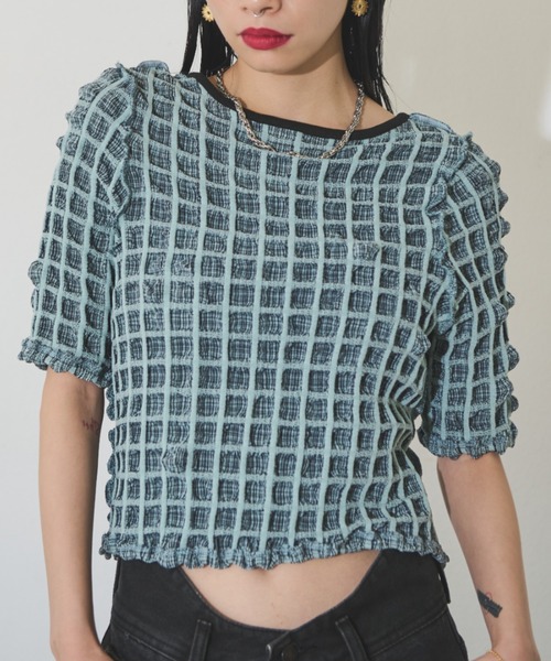 Solace（ソレイス）の「マルチWAYポップコーンミニトップス（Tシャツ/カットソー・レディース・ミント/ネイビー・FREE）」の7枚目の写真