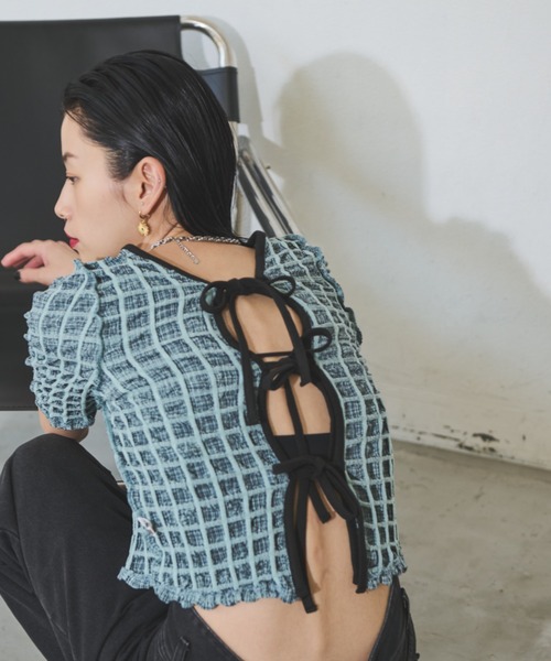 Solace（ソレイス）の「マルチWAYポップコーンミニトップス（Tシャツ/カットソー・レディース・ミント/ネイビー・FREE）」の9枚目の写真