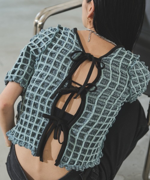 Solace（ソレイス）の「マルチWAYポップコーンミニトップス（Tシャツ/カットソー・レディース・ミント/ネイビー・FREE）」の11枚目の写真