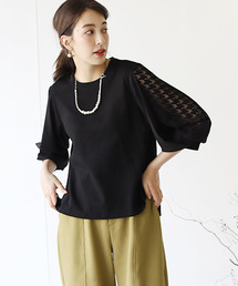 格子シフォンスリーブ切替えトップス
