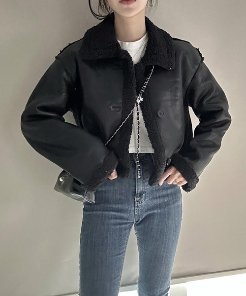 ボアレザーショートジャケット ブラック SLY レザー ボア ショート