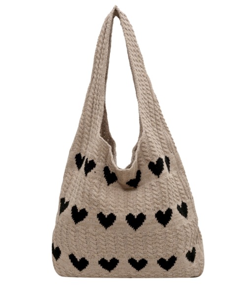 DAY CLOSET（デイ クローゼット）の「【A4収納可】長めの持ち手で肩掛けしやすい。レトロハート柄ニットトートバッグ レディース（トートバッグ・レディース・アイボリー/グリーン/ベージュ/ブルー/ピンク/ブラック/ピンク系その他/ブラウン系その他/ブラック系その他/グレー・ONE SIZE）」の14枚目の写真